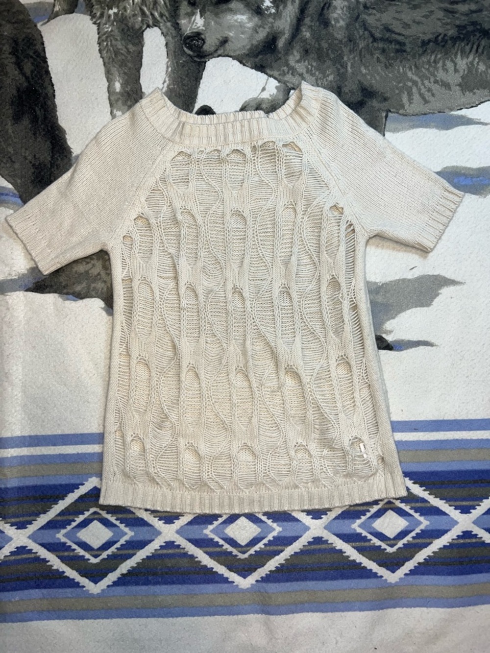 French Connection Women’s Cream Distressed Knit Short Sleeve Sweater Size PM